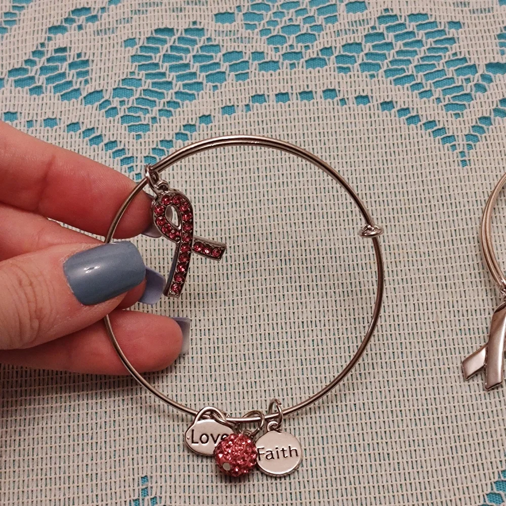 2 Breast Cancer Awareness Pink Ribbon Silver Tone Bracelet Set Strength HopePr - Picture 6 of 6